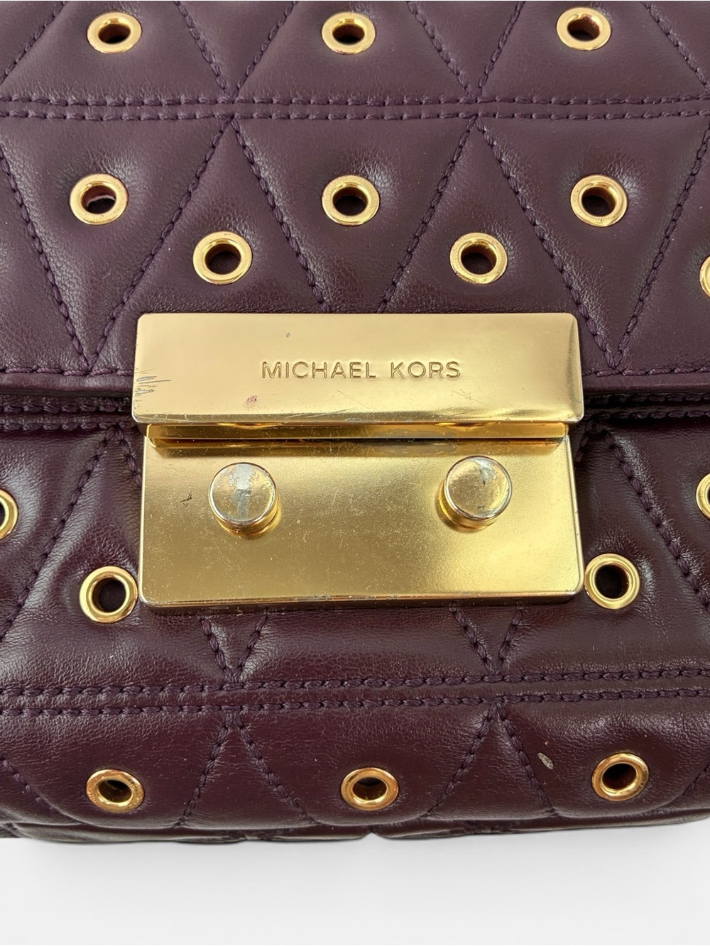 Michael Kors Quilted Grommet Chain Shoulder Bag Dark Purple Leather Flap - Picture 7 of 9
